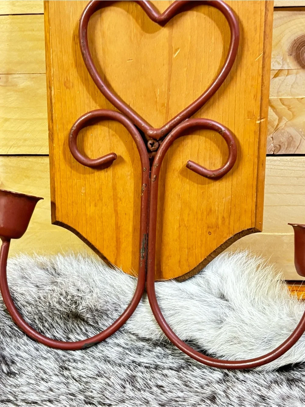 Vintage and Rustic Heart Wall Sconce - Red Metal on Wood